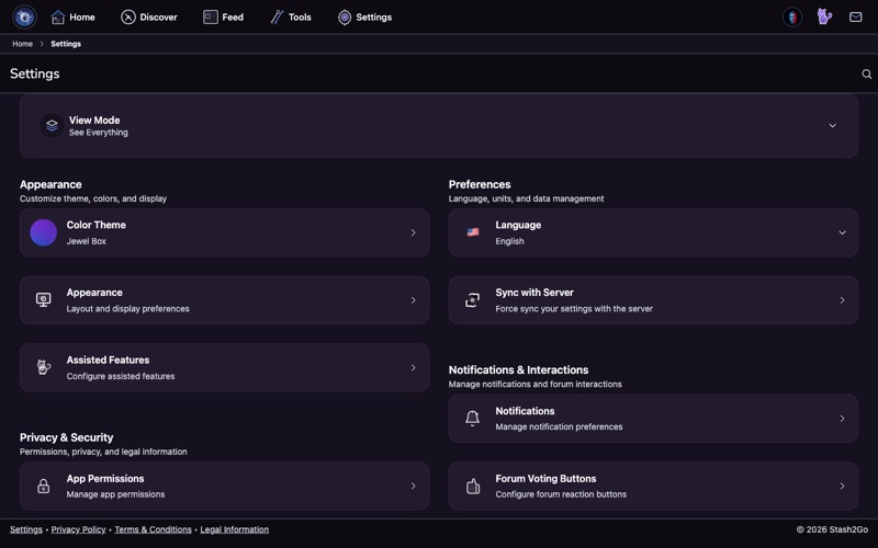 The Settings screen with the collapsed View Mode card sitting above Appearance and Preferences