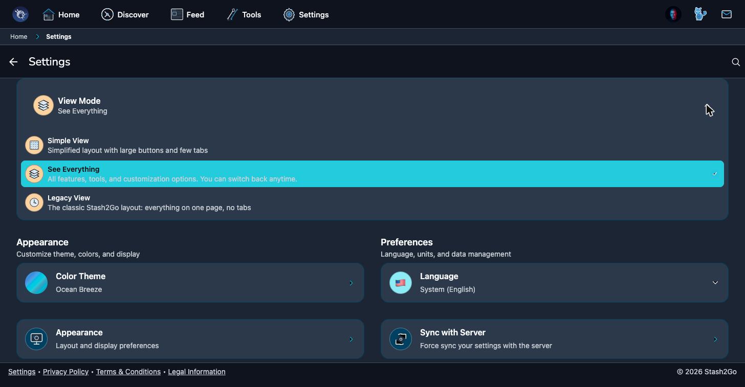 The View Mode card expanded, showing Simple View, See Everything and Legacy View with their descriptions and the current one ticked