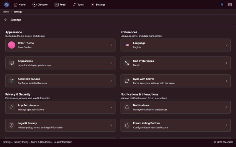 Account and privacy settings with data export, permissions, and beta program options