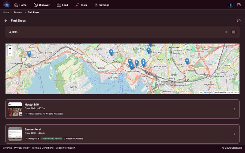 Searching for yarn shops in Oslo showing map pins and shop cards