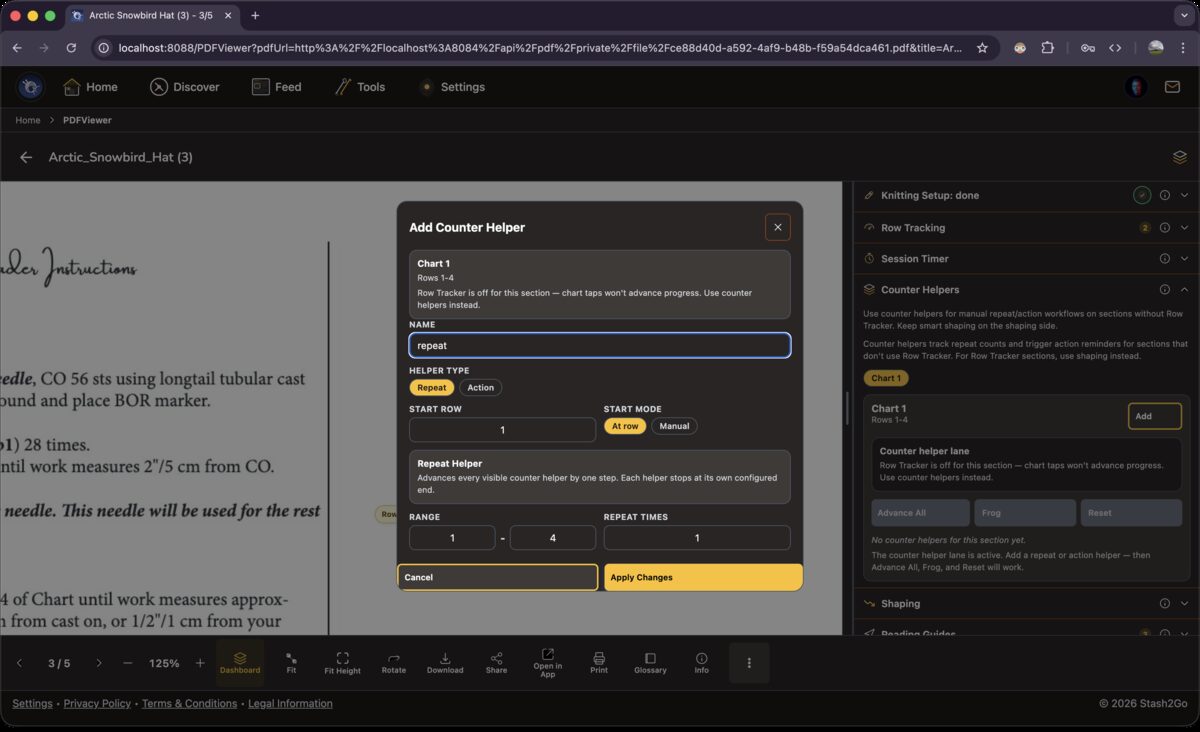 Add Counter Helper dialog configured as a repeat helper with repeat count and row range settings