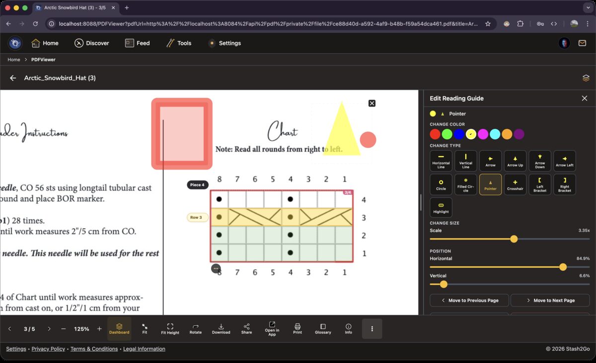Edit Reading Guide panel for a pointer/arrow marker with color picker and size sliders