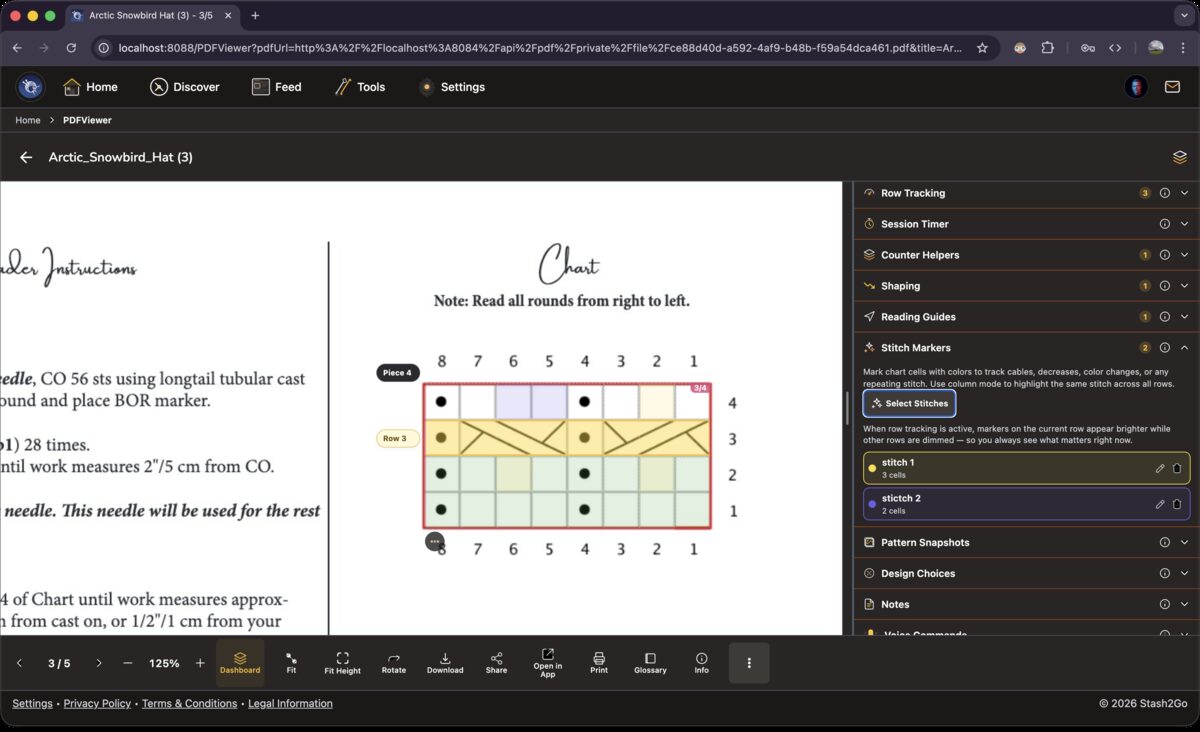 Stitch Markers section with colored dots on chart cells and a list of named marker groups
