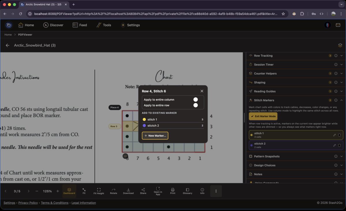 Marker Mode popup showing row and stitch position with options to apply to entire column or row