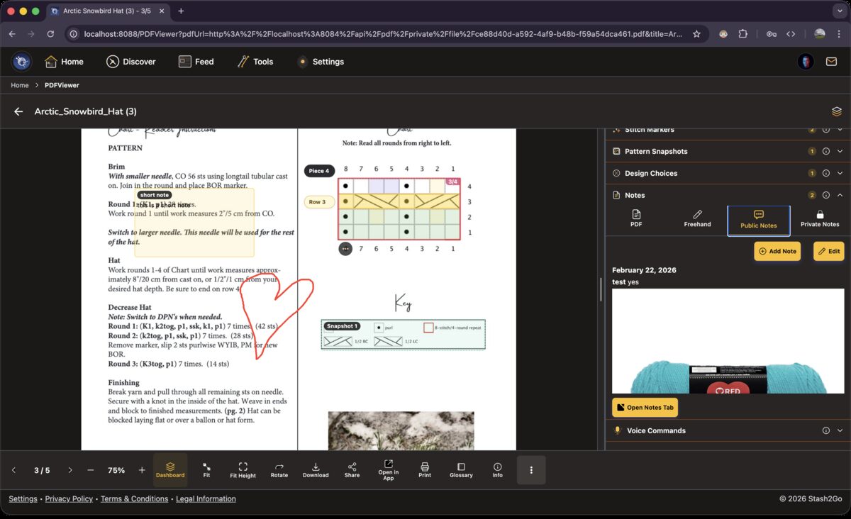 Public Notes tab showing dated note entries and a Ravelry note with yarn photo