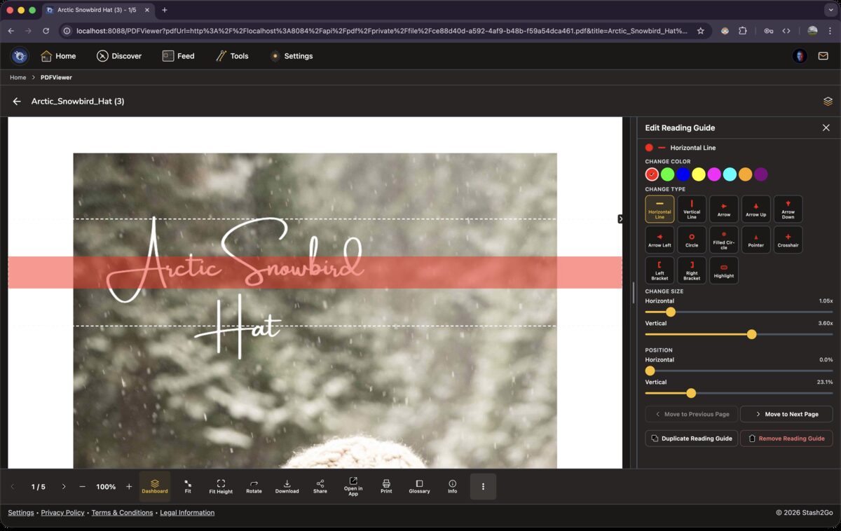 Pattern PDF open with the Smart Pattern Reader sidebar showing the edit reading guide panel and a marker on the chart