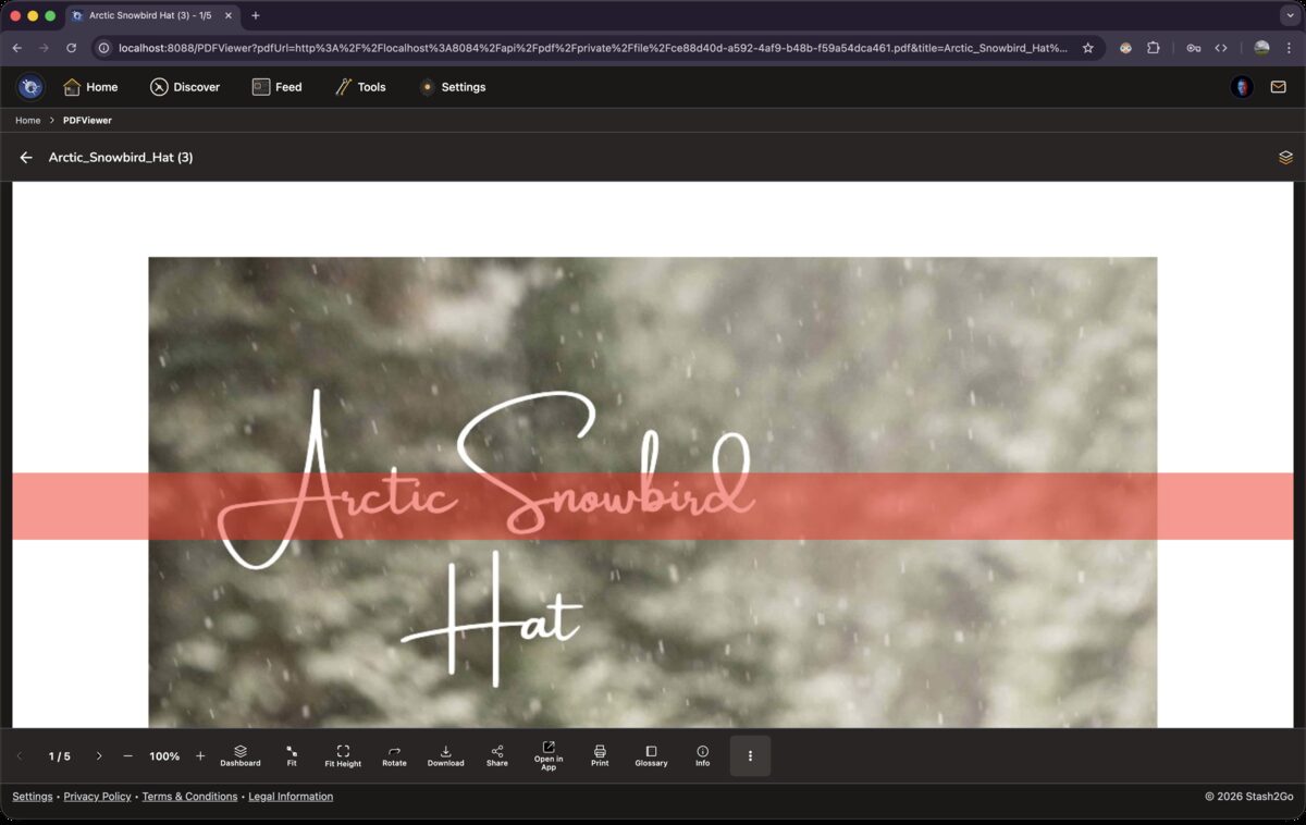 Pattern PDF on a phone-sized screen with the sidebar hidden, showing just the pattern cover page with a marker