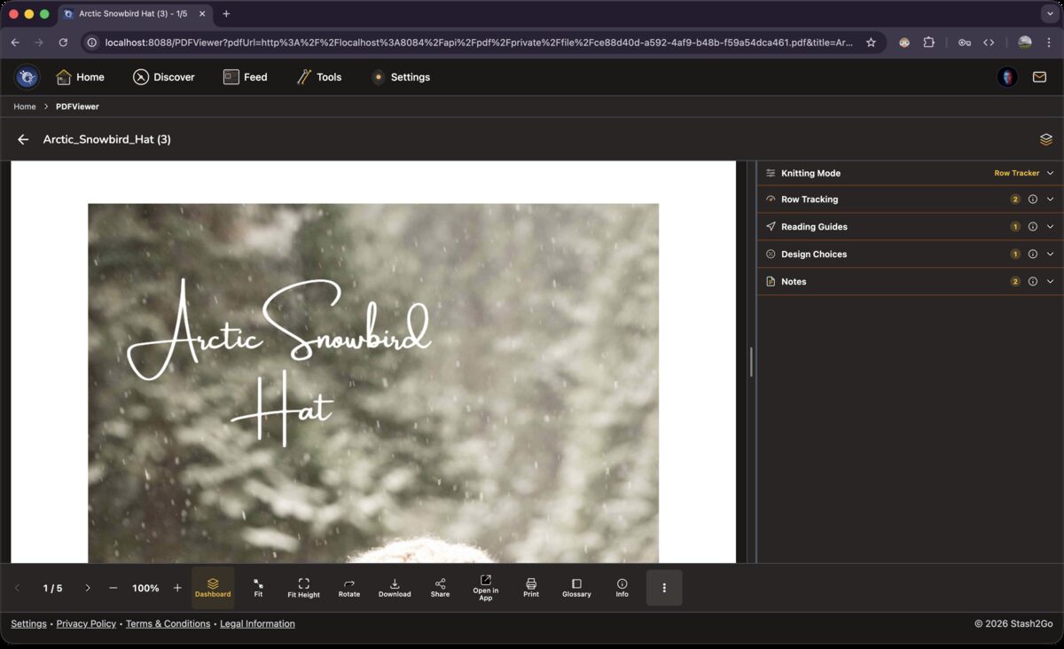 Row Tracker mode showing a clean sidebar with Row Tracking, Reading Guides, Design Choices, and Notes sections