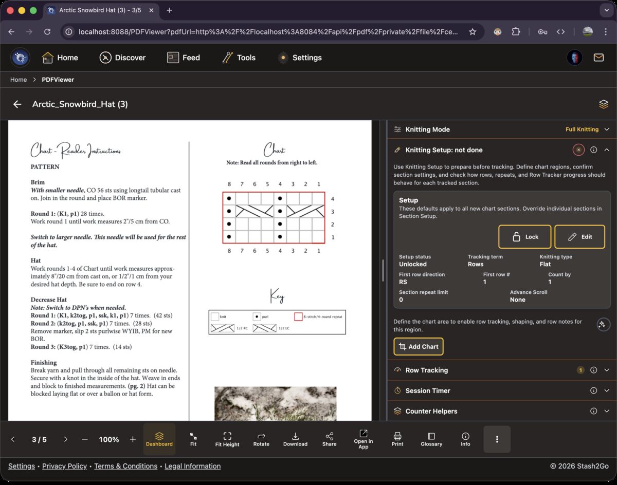 Full mode view with the chart page visible and setup section open, showing pattern text and chart configuration