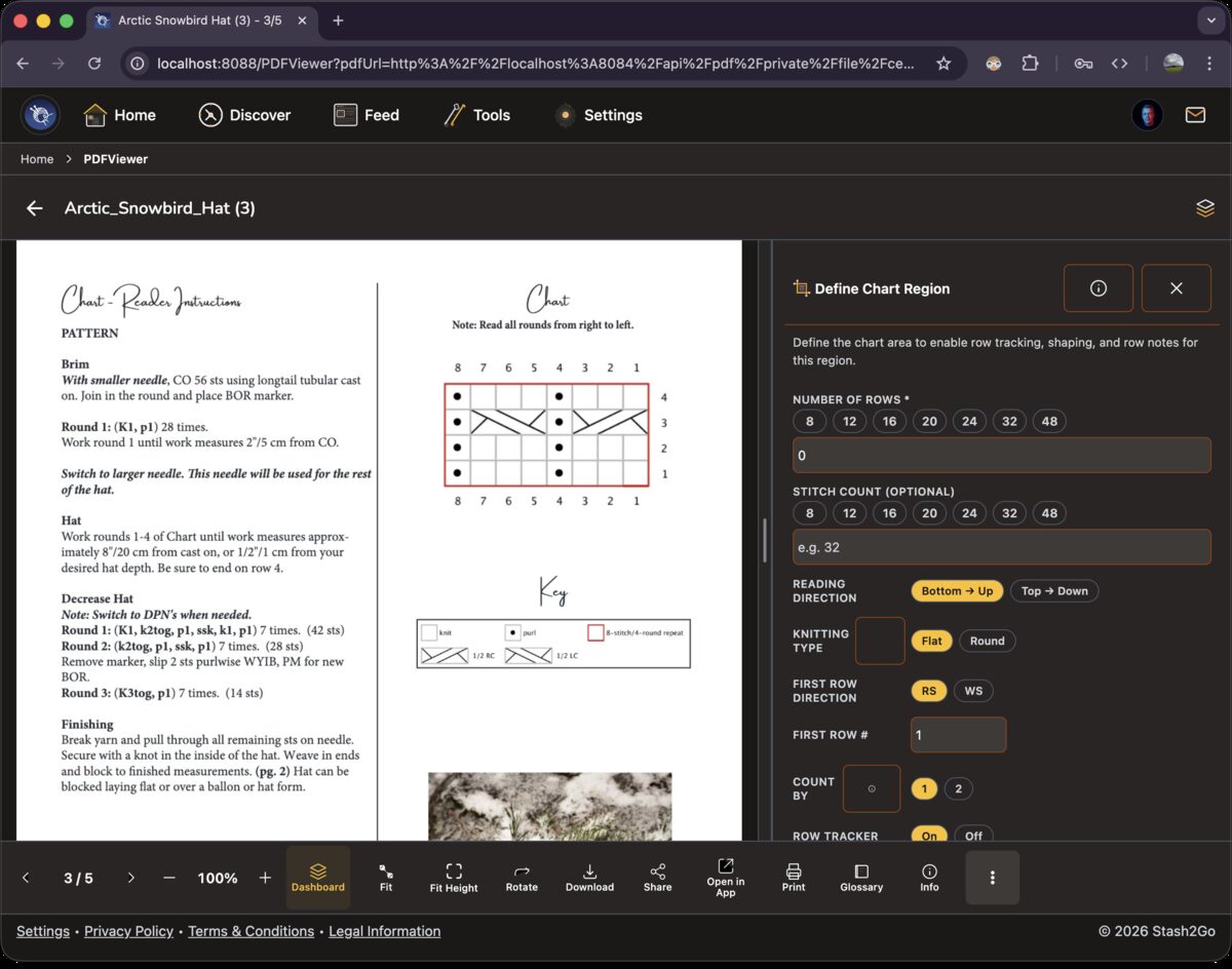 Define Chart Region panel showing fields for row count, stitch count, reading direction, and knitting type