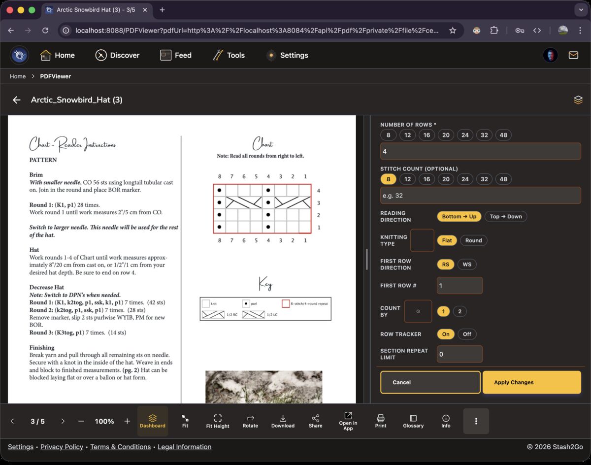 Chart configuration completed with values filled in: 4 rows, reading direction set, flat knitting selected
