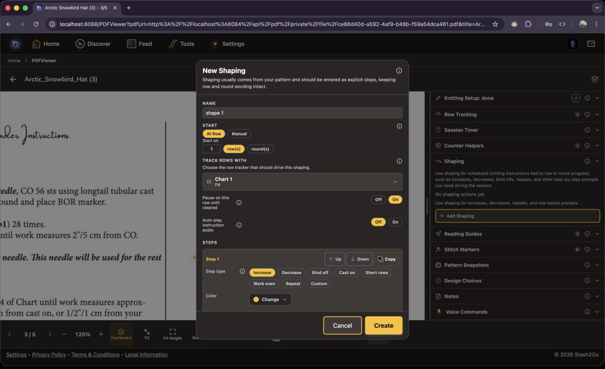 New Shaping dialog with fields for name, At Row or Manual mode, chart counter selection, auto-play toggle, and step type showing decrease option