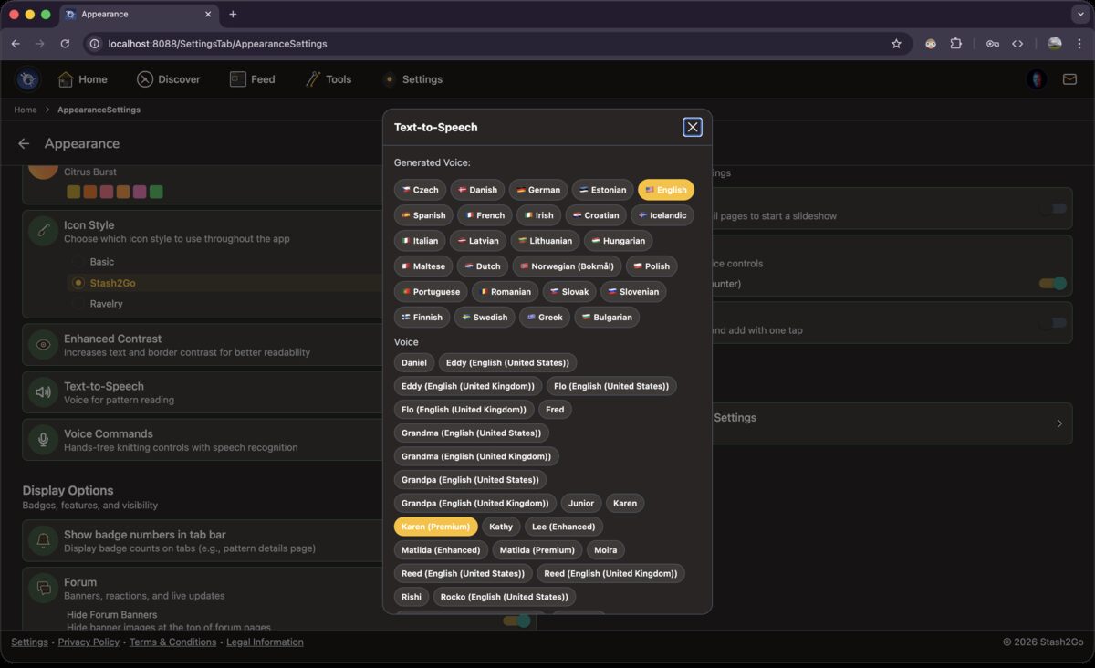 Voice Commands setup dialog showing language selection, feedback options, and supported commands list