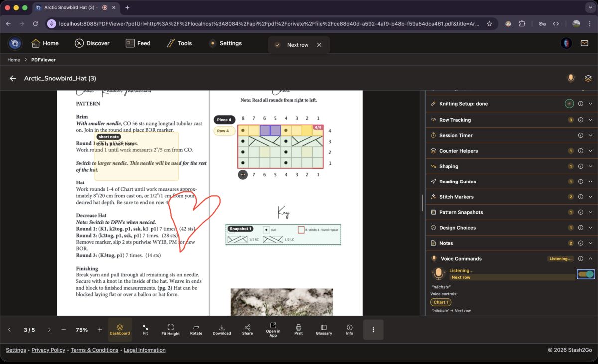 PDF viewer sidebar showing Voice Commands section with Listening badge and chart connection