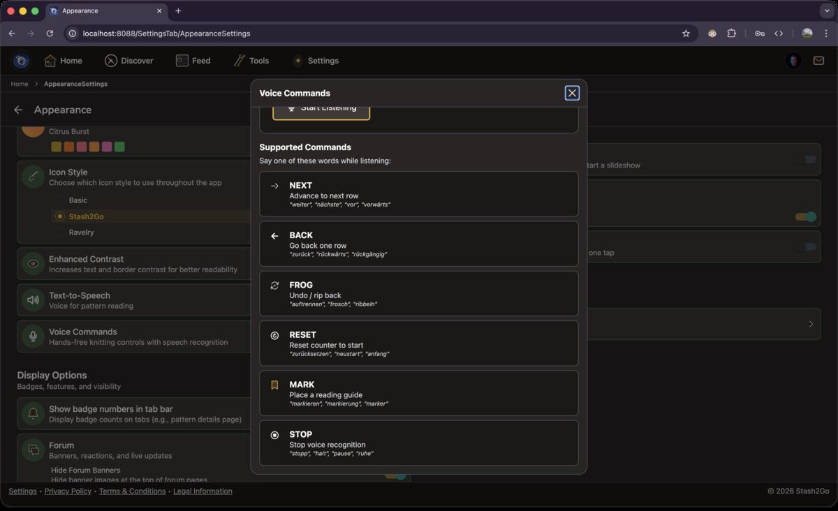 Voice Commands dialog showing all commands: NEXT, BACK, FROG, RESET, MARK, STOP with descriptions