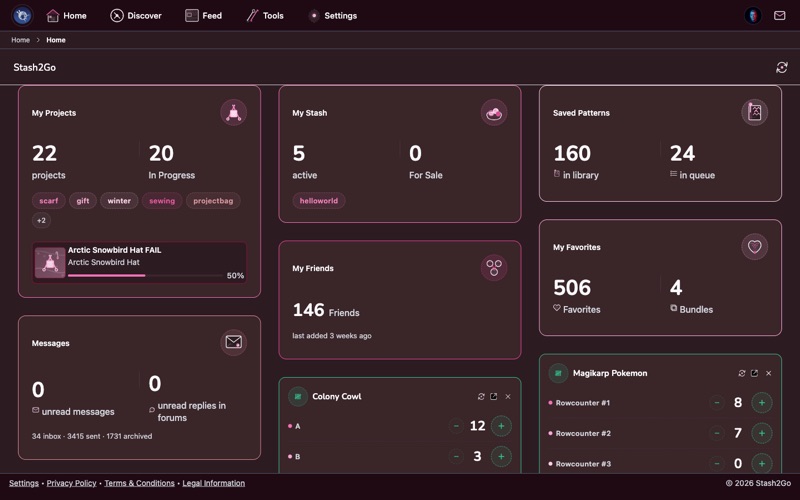 Stash2Go home screen showing project, stash, and pattern tiles