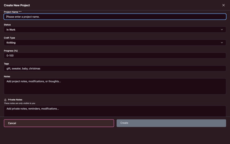 Empty create project form with name, tags, and notes fields