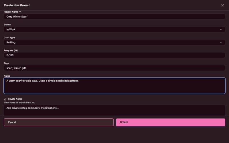 Create project form filled in with Cozy Winter Scarf