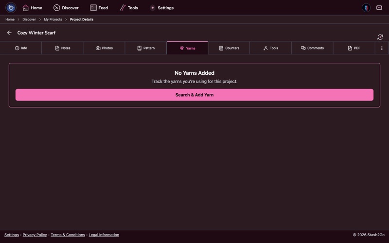 Project yarns tab showing linked yarn with colorway and weight