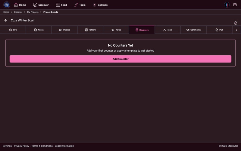 Project counters tab with row counter showing increment and decrement buttons