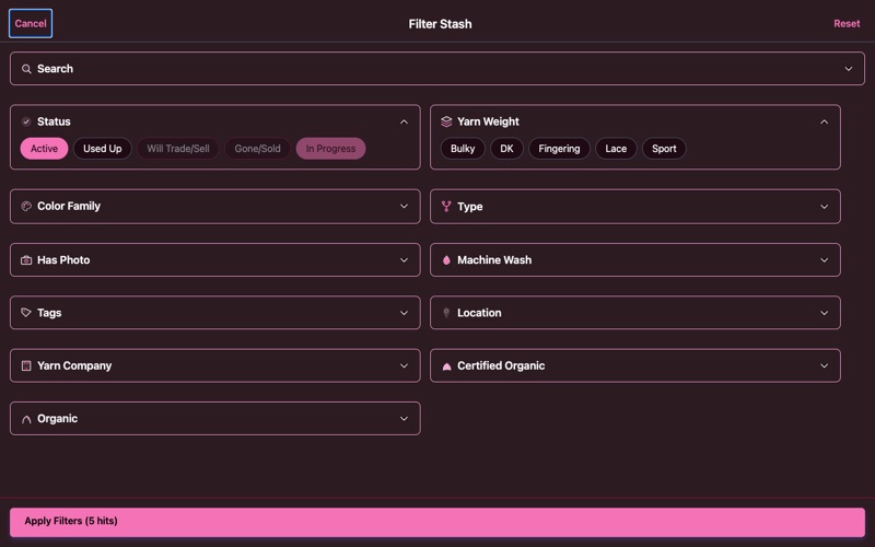 Stash2Go stash filter panel showing options for weight, color family, status, and more