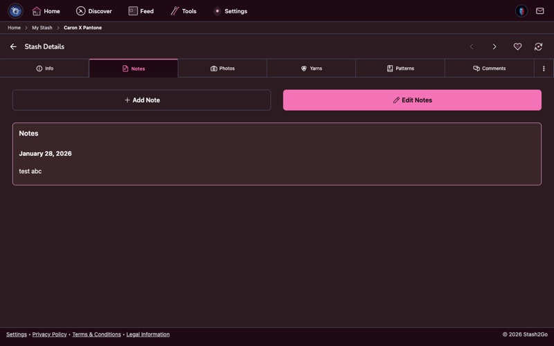 Stash2Go yarn notes tab for adding personal notes about yarn