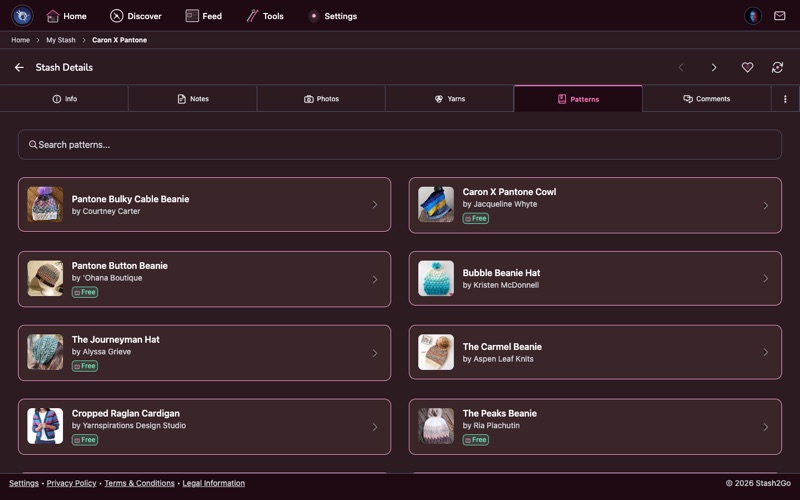 Stash2Go stash patterns tab showing patterns that work with this yarn