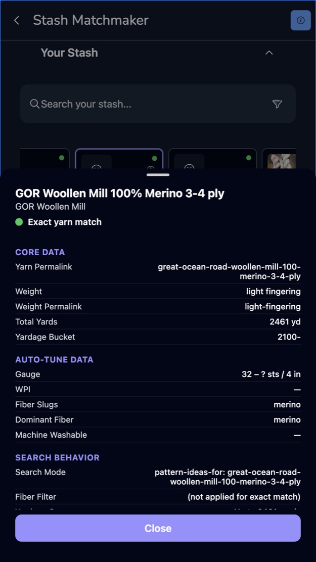 The details panel for one stash yarn, showing what the app knows about it
