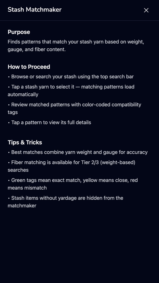 The help panel explaining how the matchmaker works and its limits
