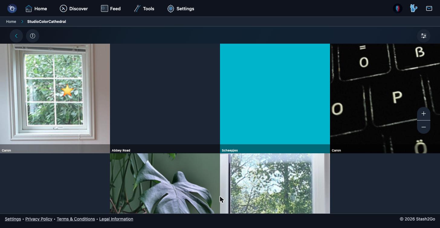 The Color Cathedral wall: your own yarn photographs as tiles, each labelled with its brand, with the amount filter and zoom controls