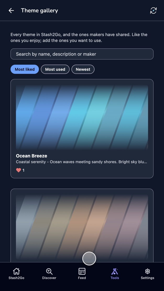 The theme gallery on a phone, showing a shared theme with its palette, maker and like count