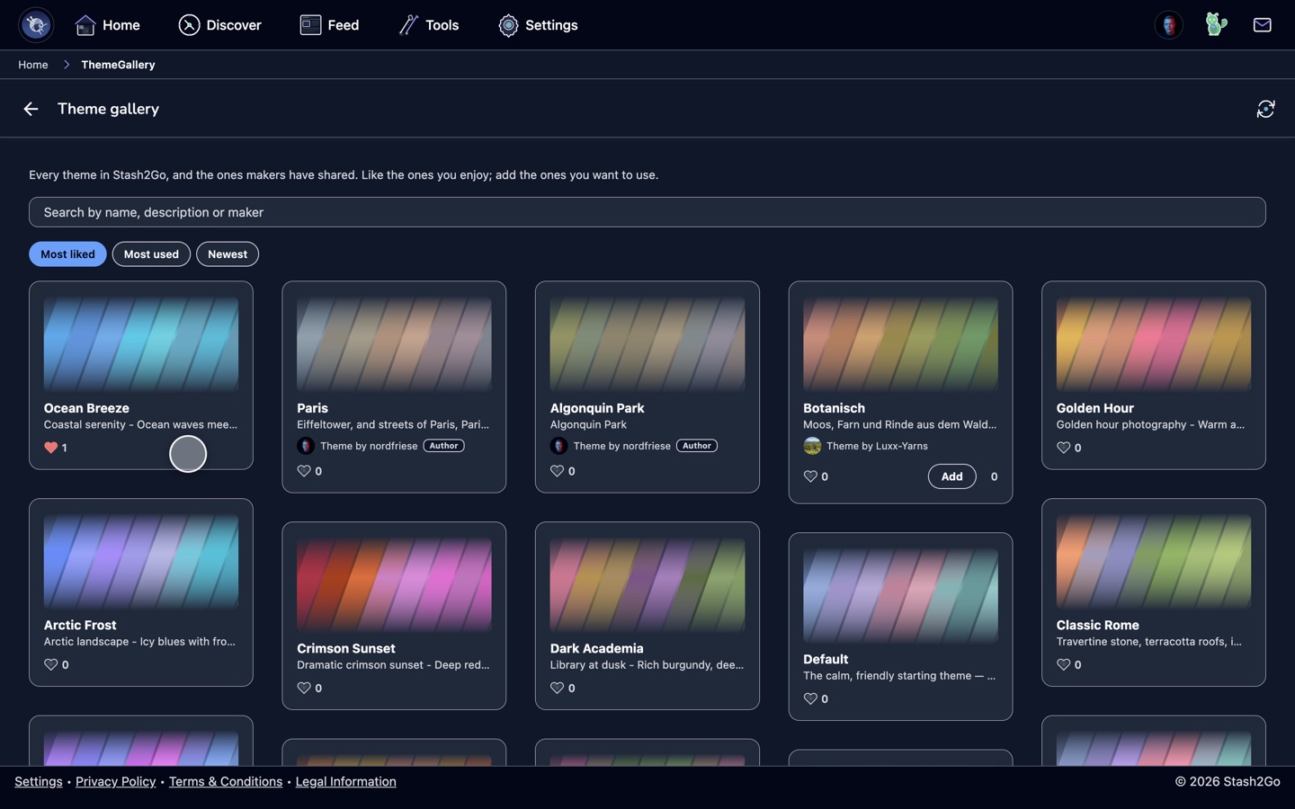 Theme gallery in the web app, showing search, the Most liked, Most used and Newest sorts, and a grid of shared themes