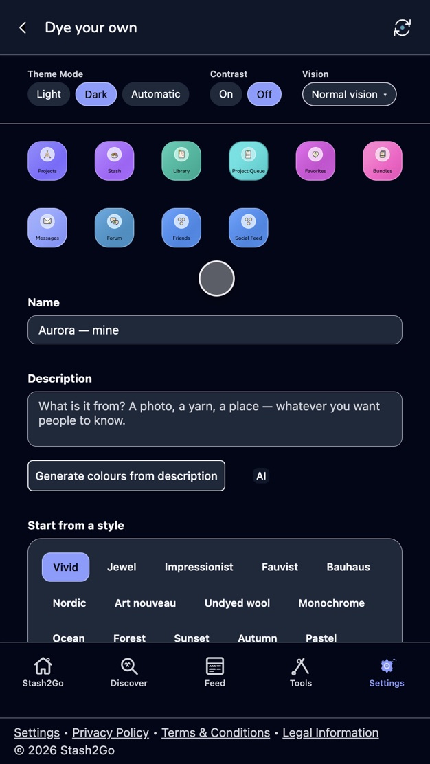 The Dye your own bench on a phone, with the live tile preview above the name and description