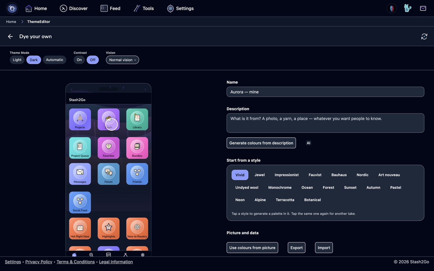 The Dye your own bench in the web app with the live tile preview, name and description, and the style generator