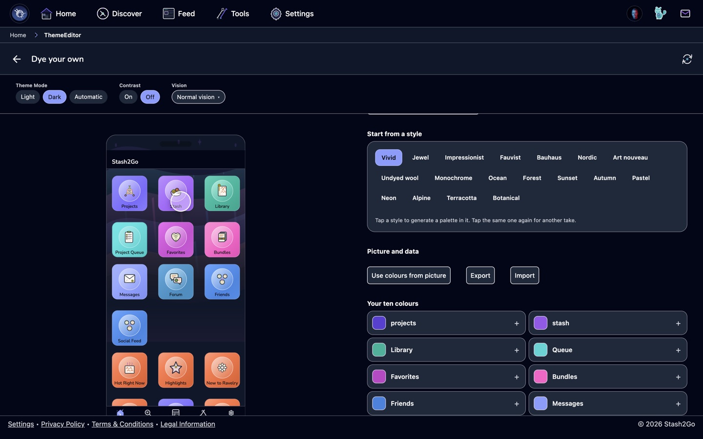 The ten named colours of a theme and the background choices, in the web app