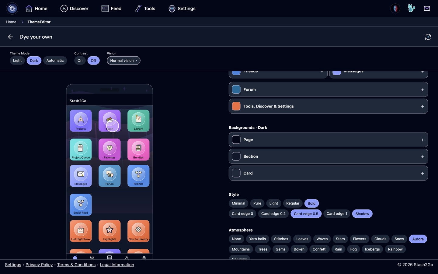 The style, card edge and atmosphere controls at the foot of the theme editor, in the web app