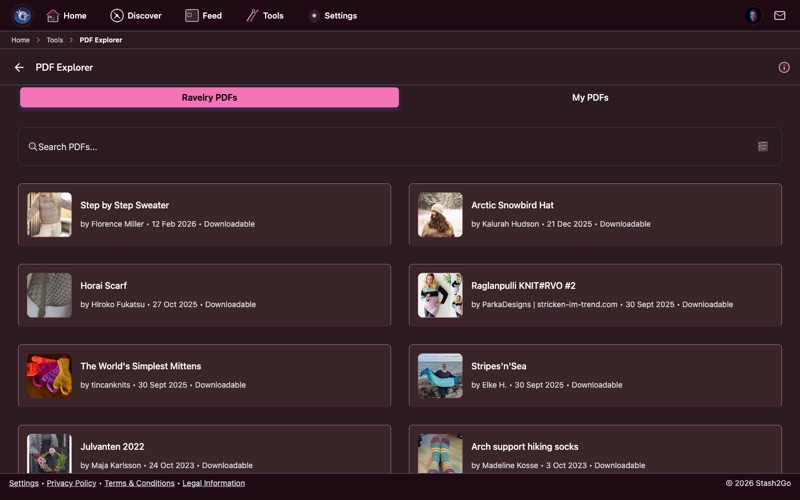 PDF Explorer showing pattern PDFs from your Ravelry library