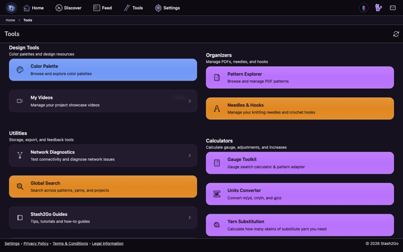 Calculators section in Tools showing gauge toolkit, units converter, yarn substitution, and stitch glossary