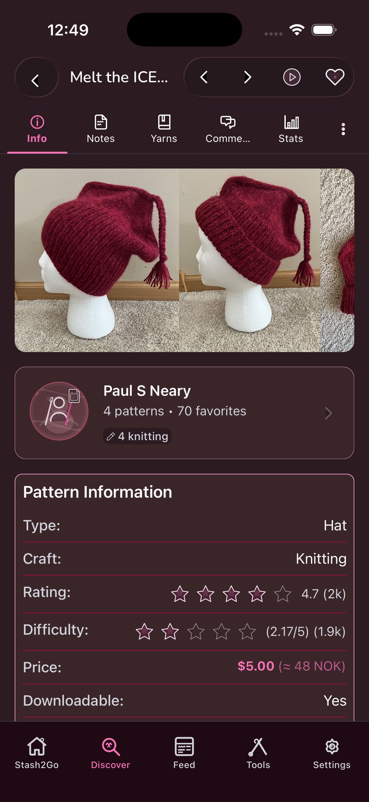 Pattern detail screen showing the pattern info tab