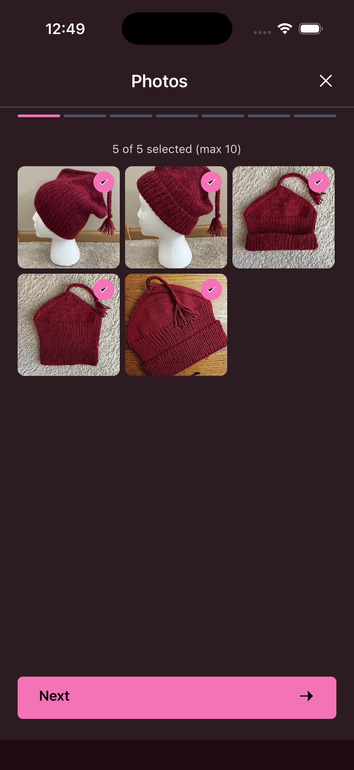 Photo selection screen with 5 of 5 photos selected