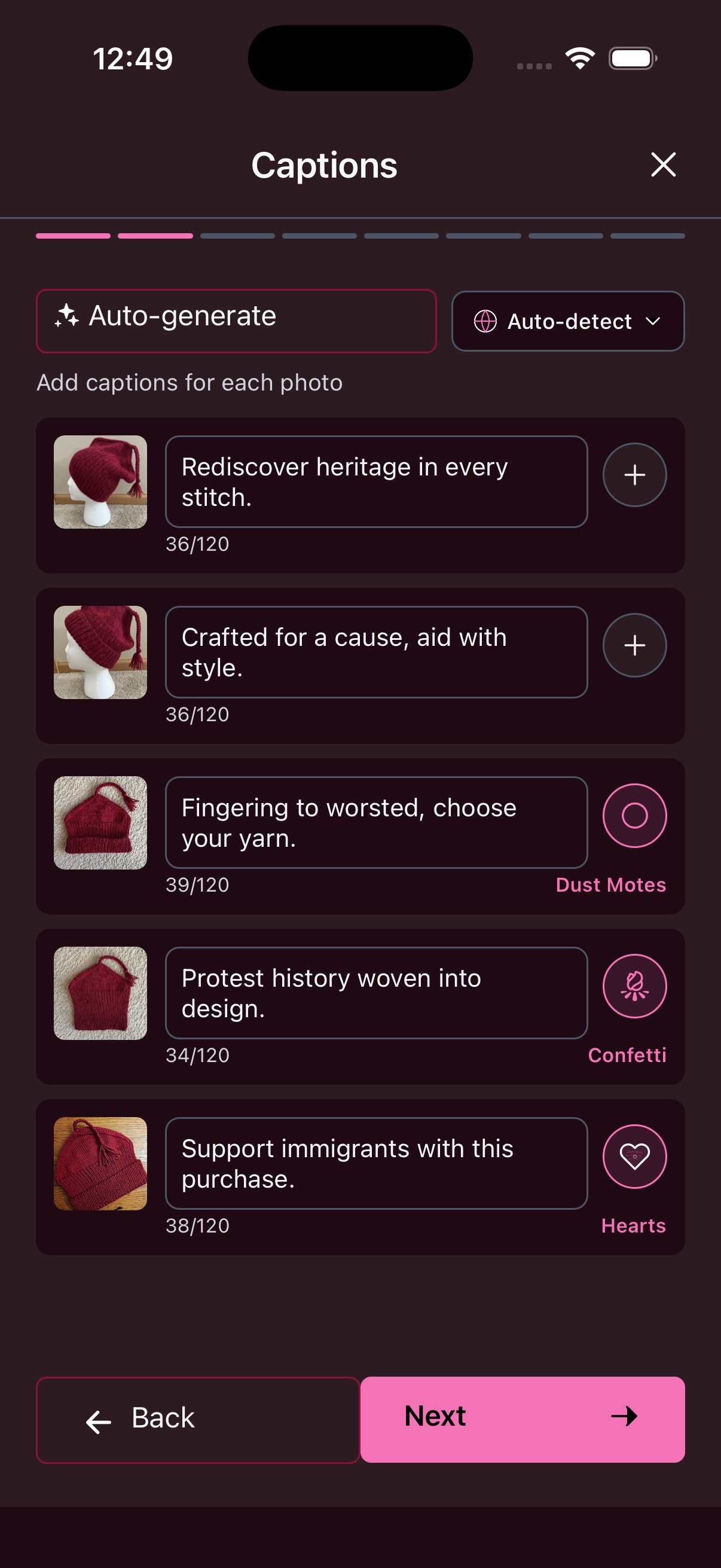 Captions screen with auto-generated text and effect icons per photo
