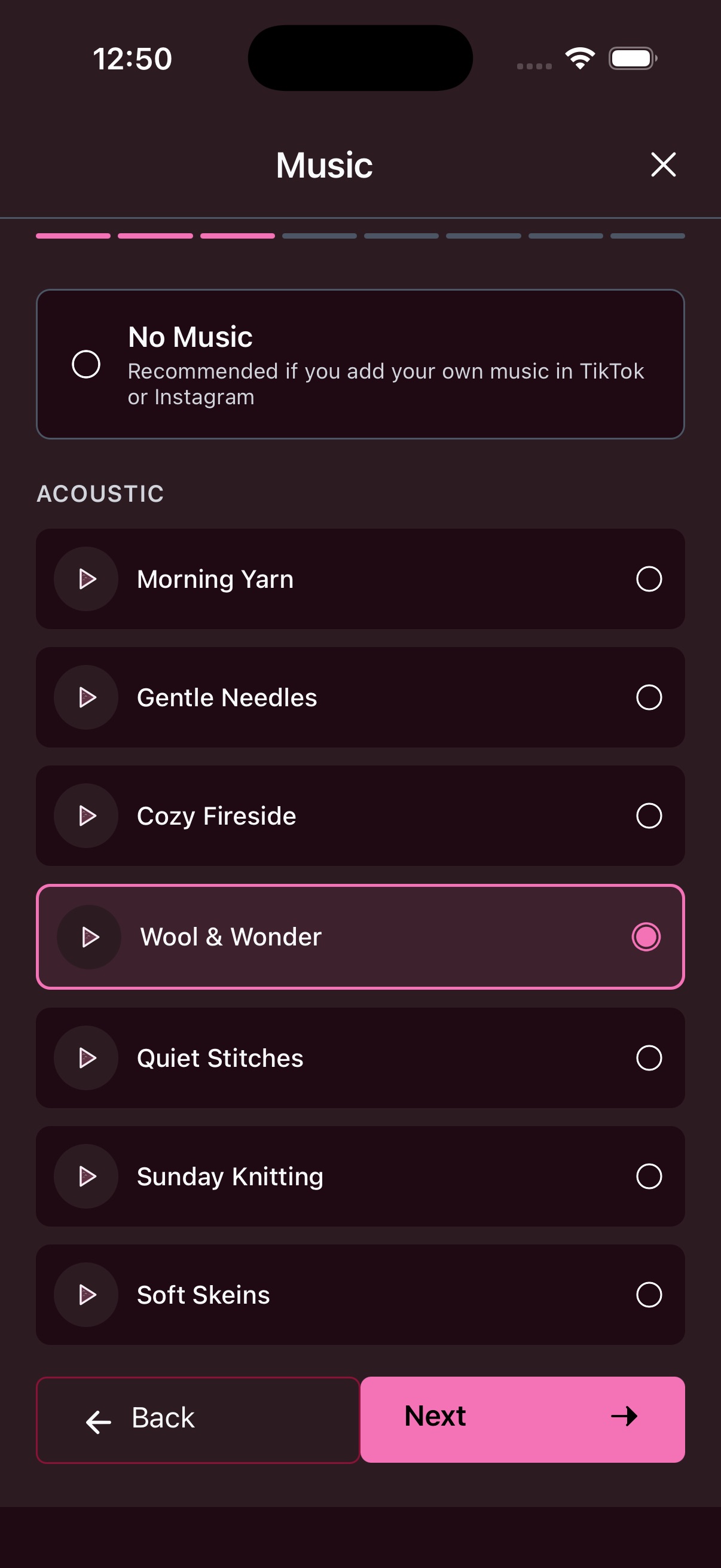 Music selection with acoustic tracks like Morning Yarn, Gentle Needles, Wool and Wonder