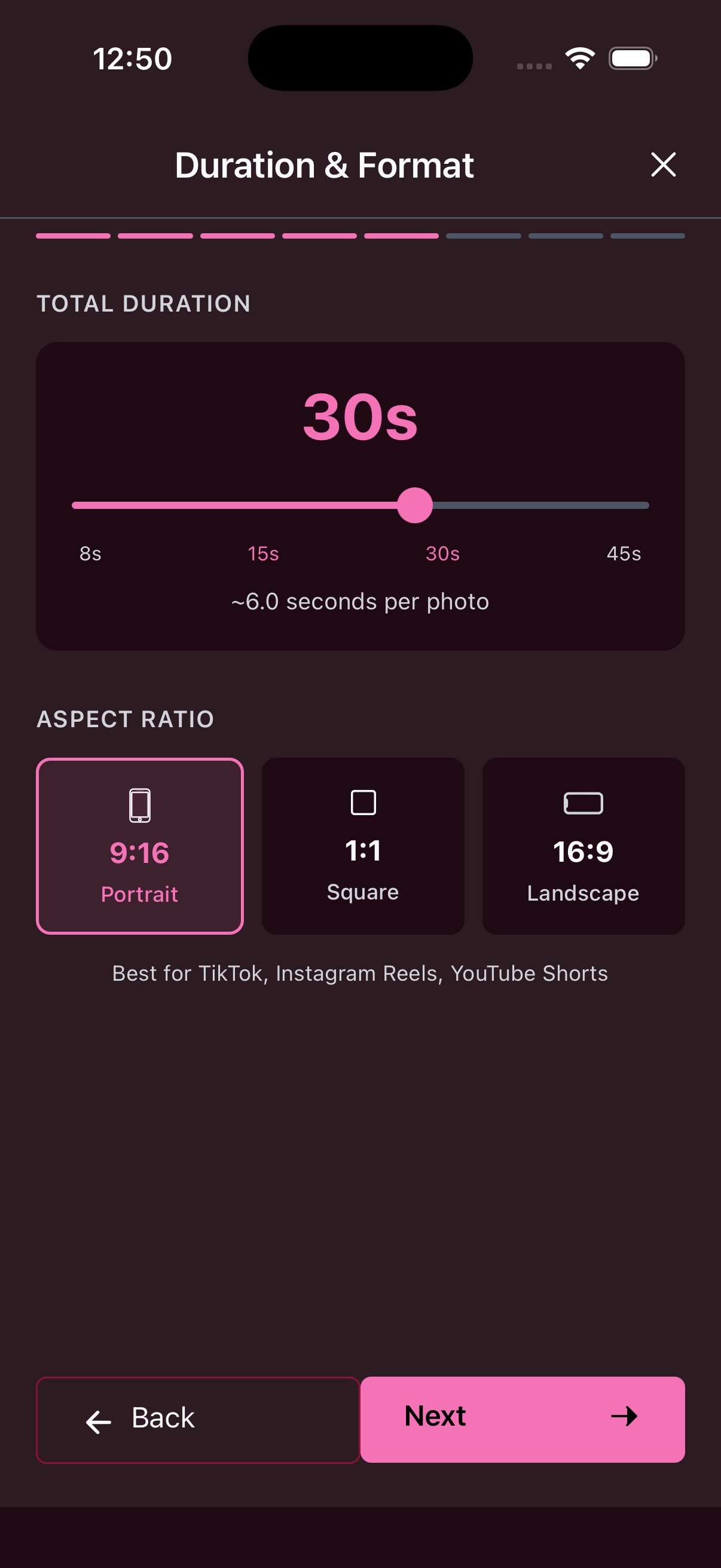 Duration slider and aspect ratio selection with 9:16, 1:1, and 16:9 options