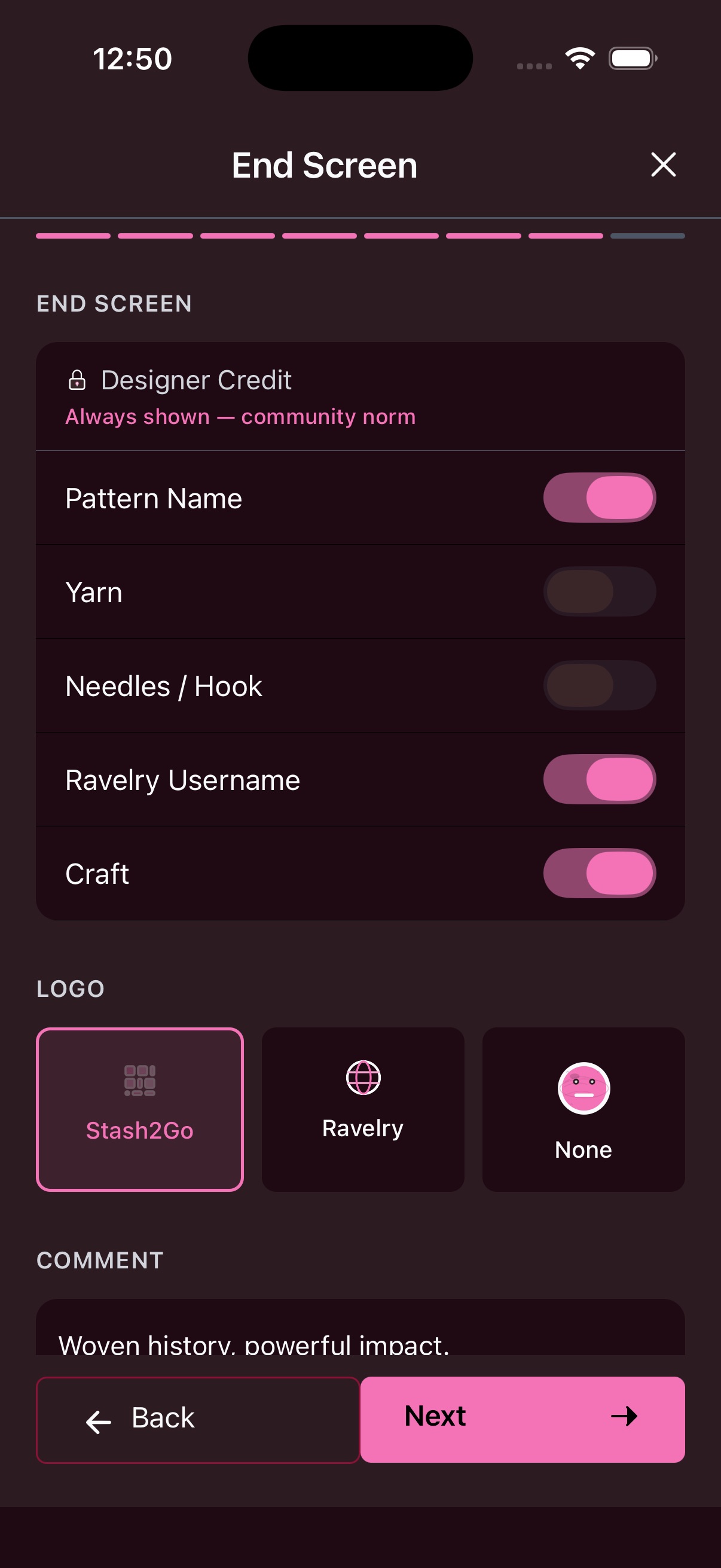 End screen settings with designer credit, pattern info toggles, and logo selection