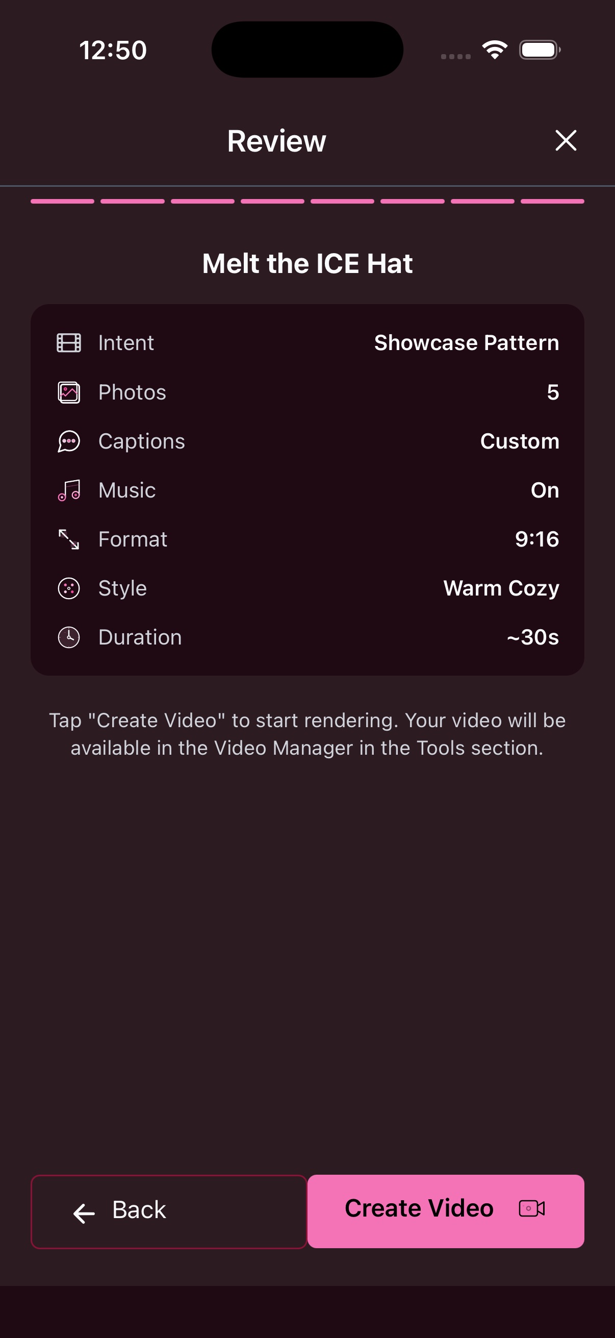Review screen showing all video settings before creating