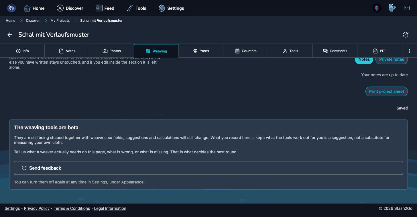 Publish to the Ravelry notes with its Notes and Private notes choice, Print project sheet, and the beta footer