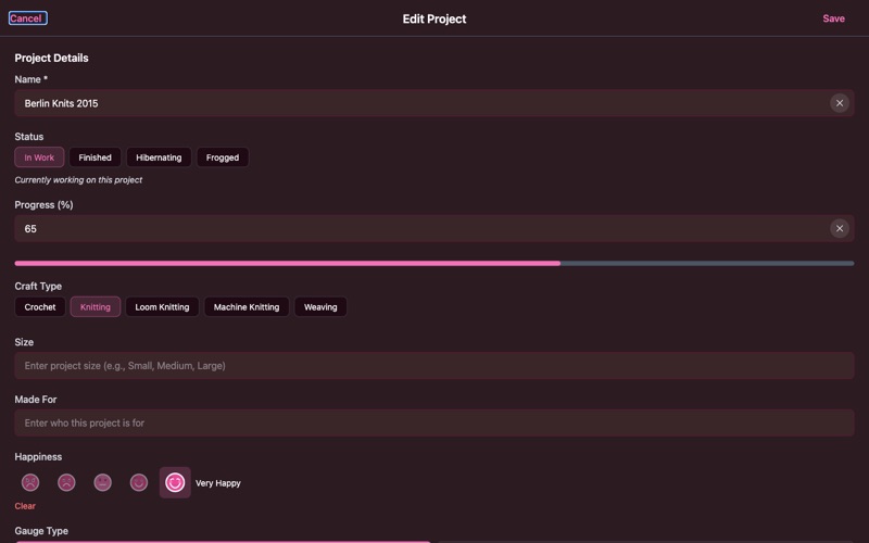 Project edit screen with fields for name, status, craft type, gauge, and tags