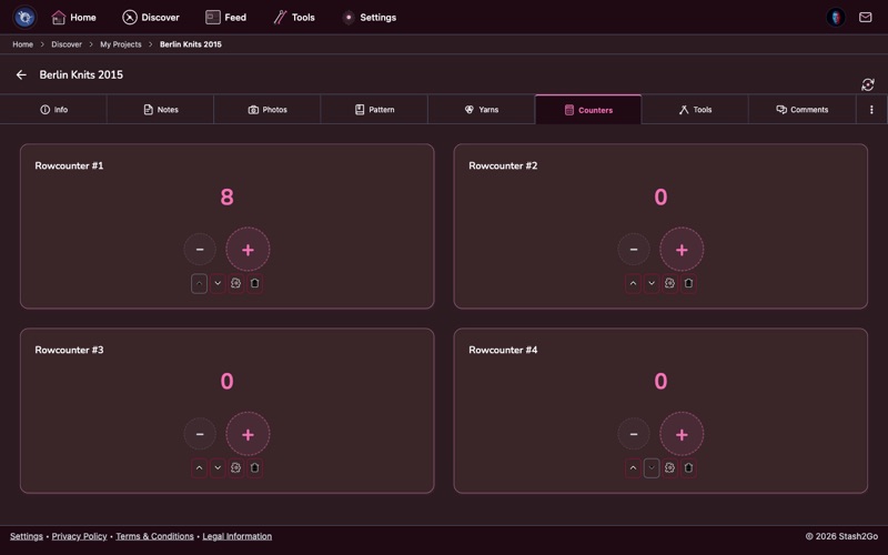 Project counters tab with row counter buttons and multiple counter sections