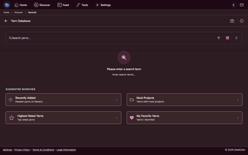 Stash2Go Discover tab showing the Yarn Database entry point