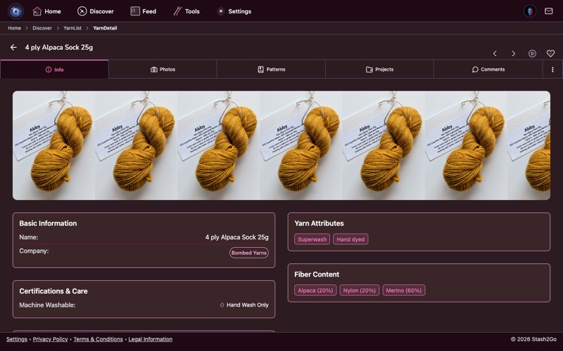 Yarn detail page showing fiber composition, weight, gauge range, yardage, and ratings